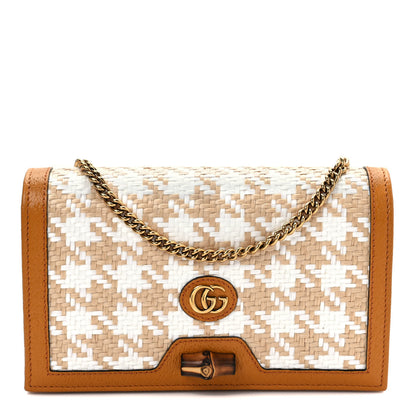 Gucci Polished Raffia Textured Dollar Calfskin Houndstooth Mini Diana Chain Bag Natural Sun Oil Mystic White 1 of 7