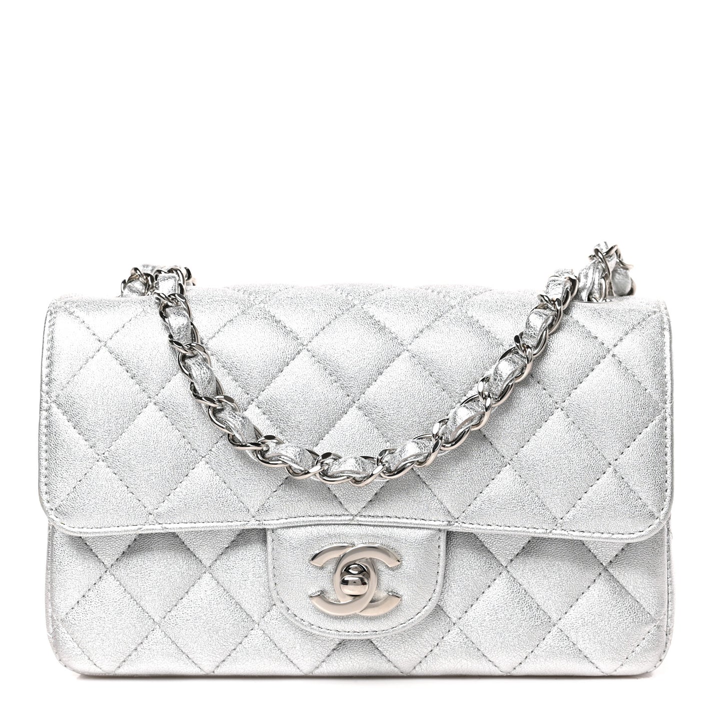 Metallic Lambskin Quilted Mini Rectangular Flap Silver
