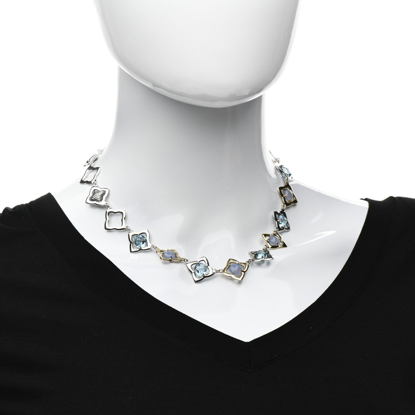 Sterling Silver 18K Yellow Gold Chalcedony Blue Topaz Quatrefoil Necklace