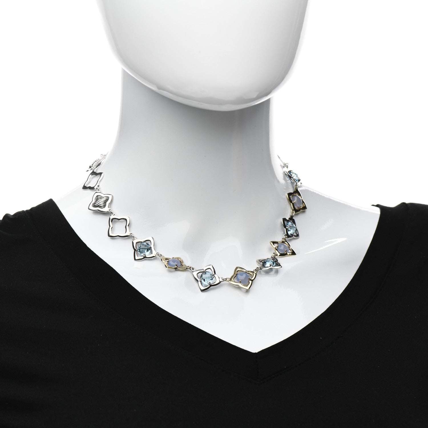 David Yurman Sterling Silver 18K Yellow Gold Chalcedony Blue Topaz Quatrefoil Necklace 2 of 4