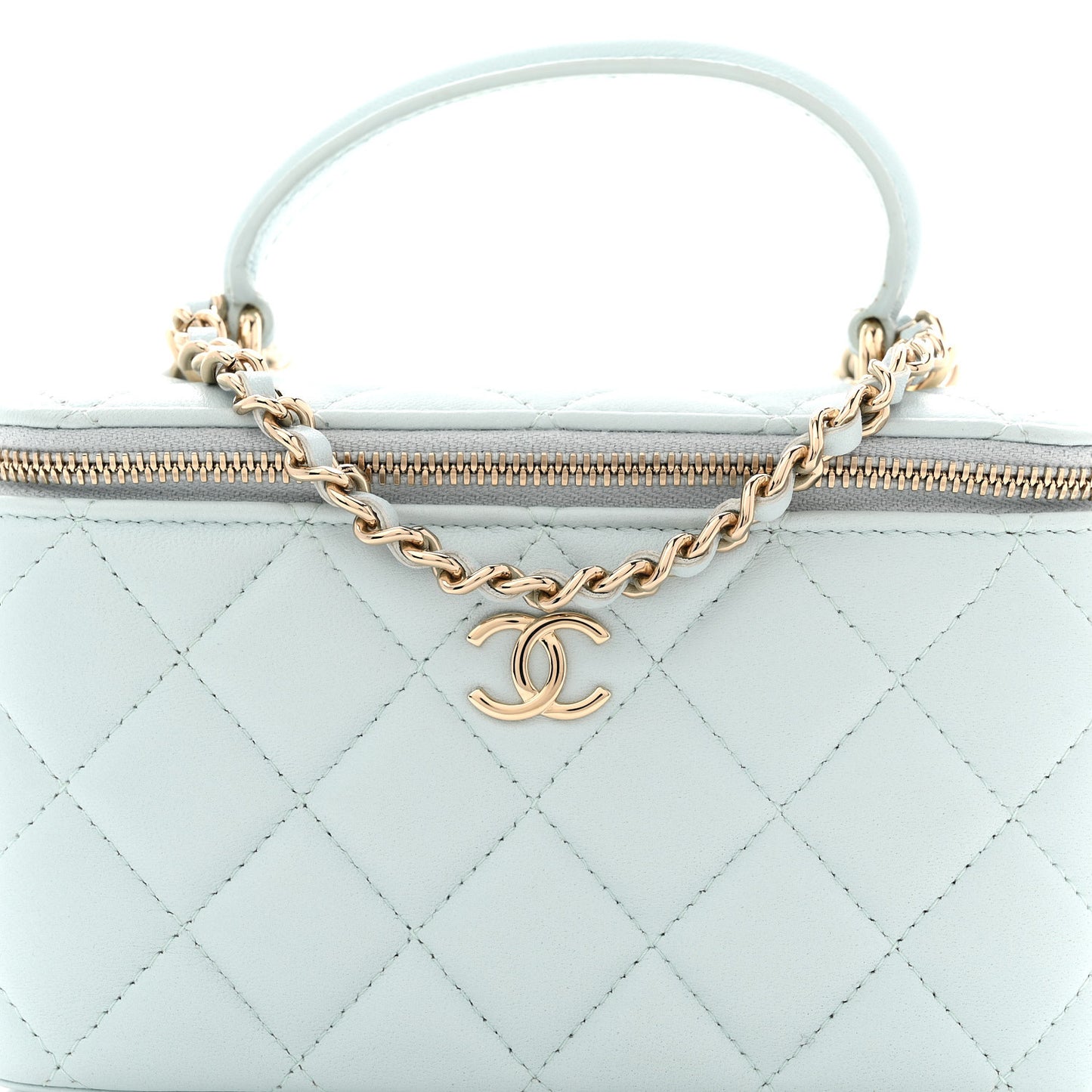 Lambskin Quilted Small Top Handle Vanity Case With Chain Light Blue