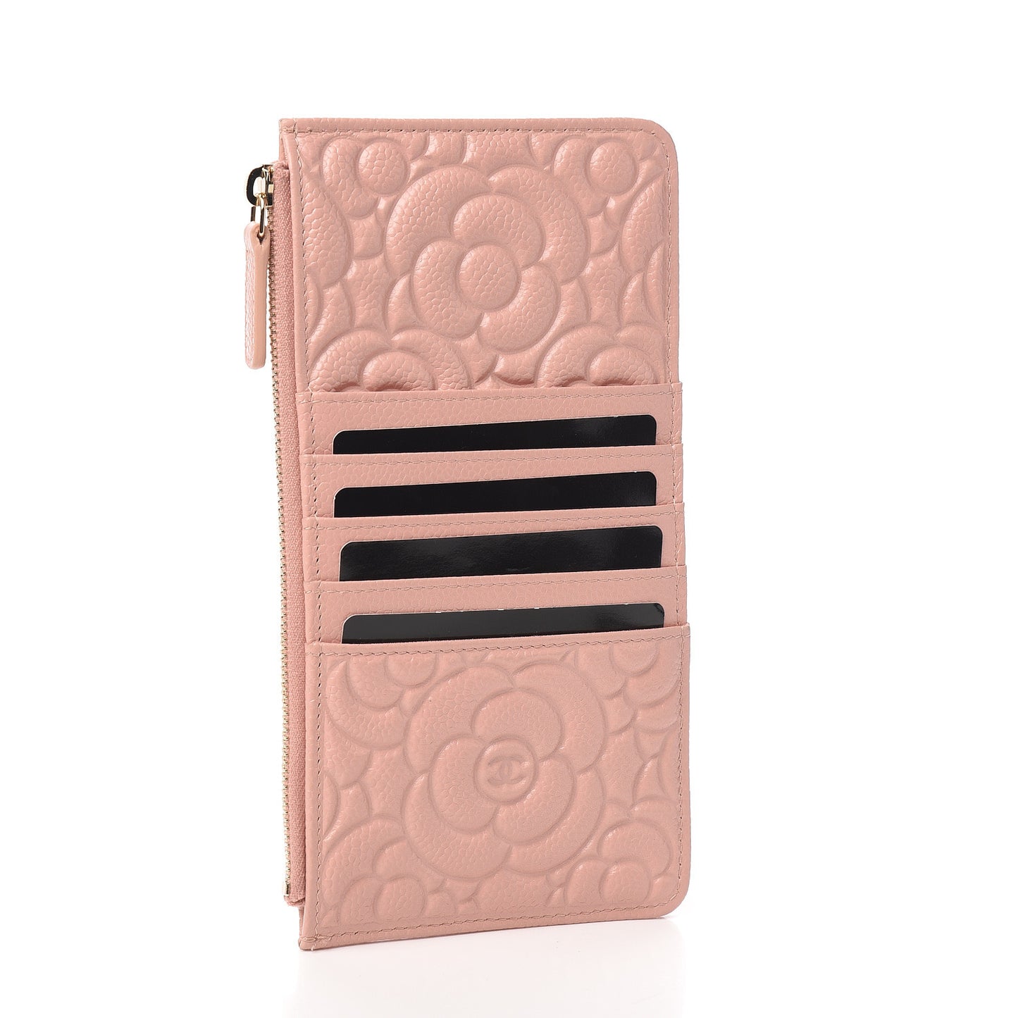 Caviar Camellia Embossed Classic Flat Wallet Pouch Pink
