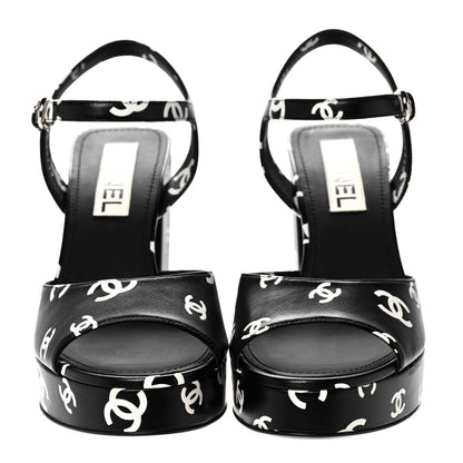 Chanel Printed Lambskin CC Platform Sandals 40 Black White 2 of 9
