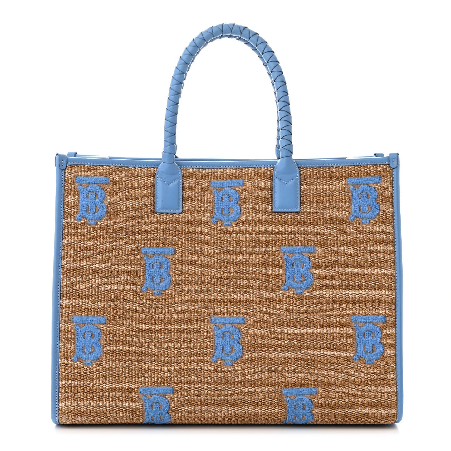 Raffia Calfskin Large Freya Tote Natural Cool Blue