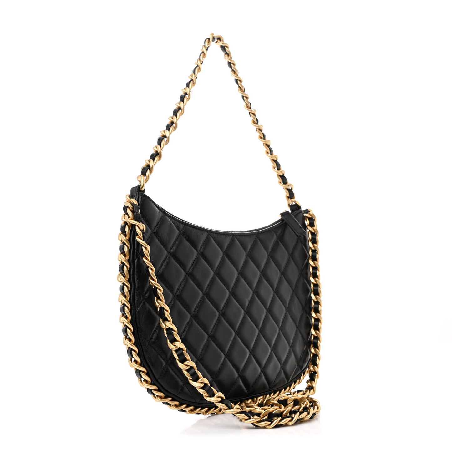 Shiny Crumpled Lambskin Quilted Large Trendy Chain Around Hobo Black