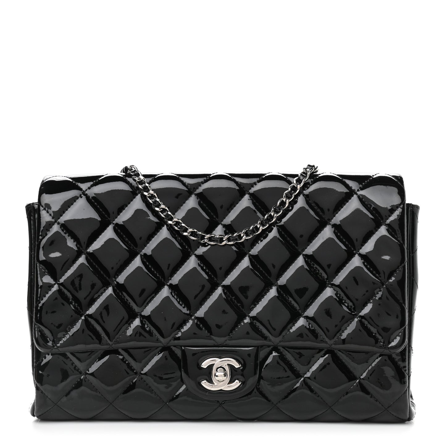 Patent Quilted Clutch with Chain Flap Black