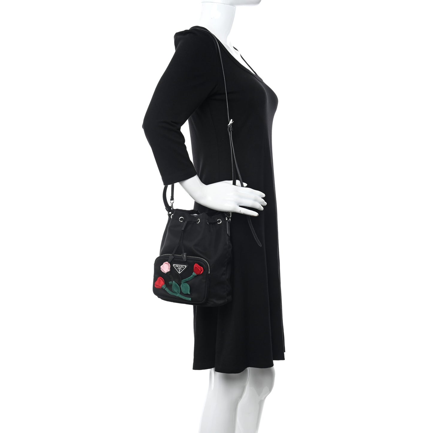 Re-Nylon Saffiano Roses Duet Bucket Crossbody Bag Black