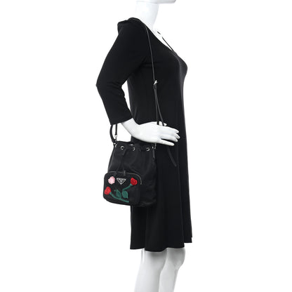 Prada Re-Nylon Saffiano Roses Duet Bucket Crossbody Bag Black 2 of 11