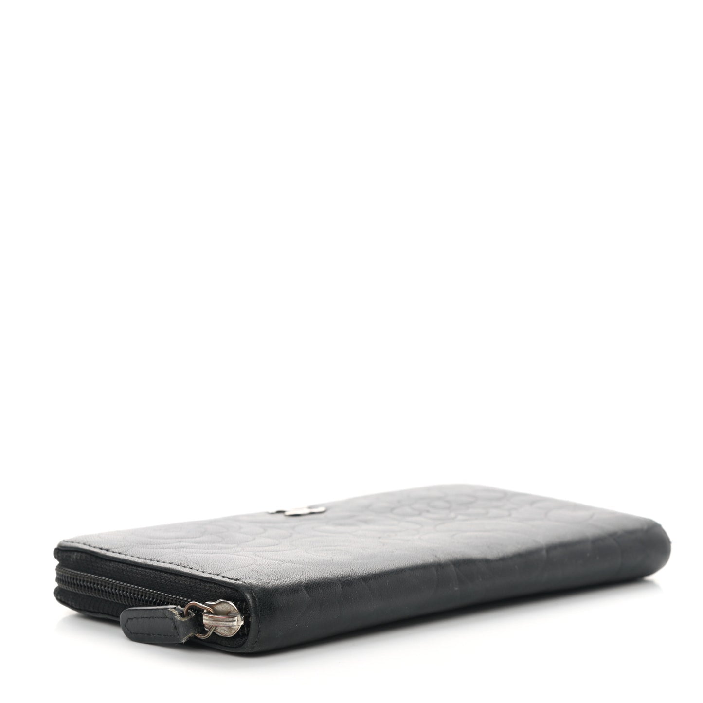Lambskin Camellia Embossed Large Zip Around Gusset Wallet Black