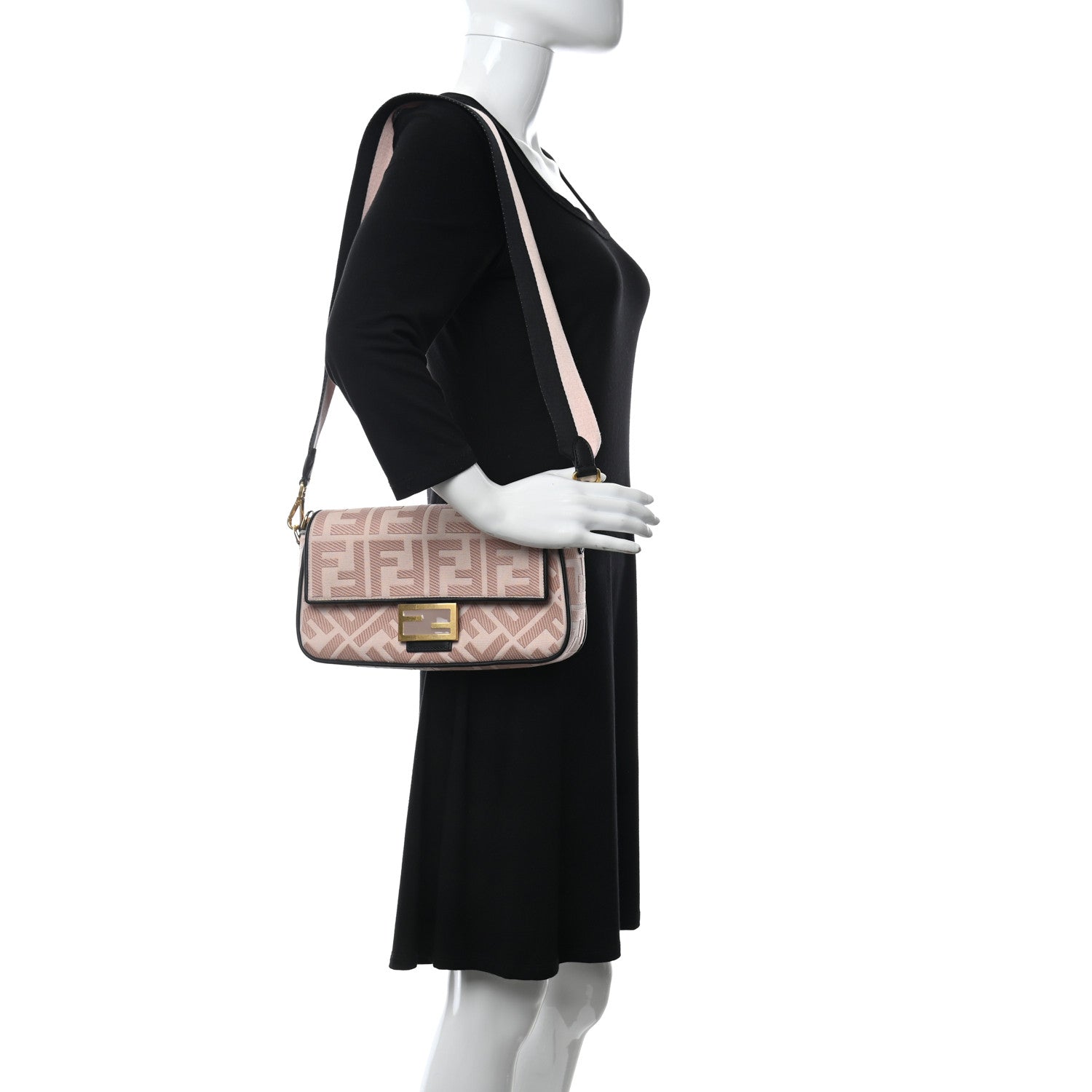 Fendi Canvas Vitello King FF Embroidered Baguette Rosa Quarzo Black 2 of 10