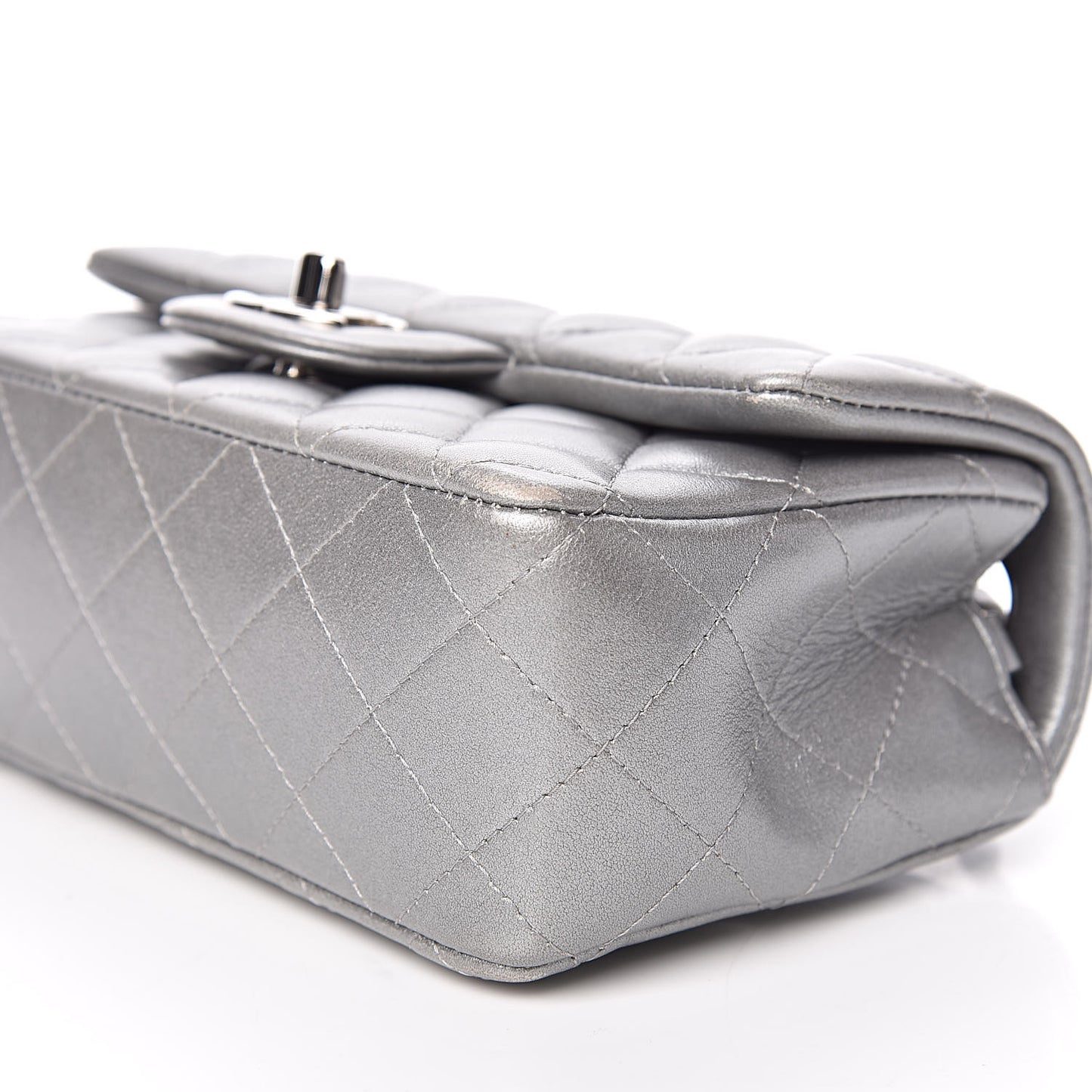 Metallic Lambskin Quilted Mini Rectangular Flap Silver
