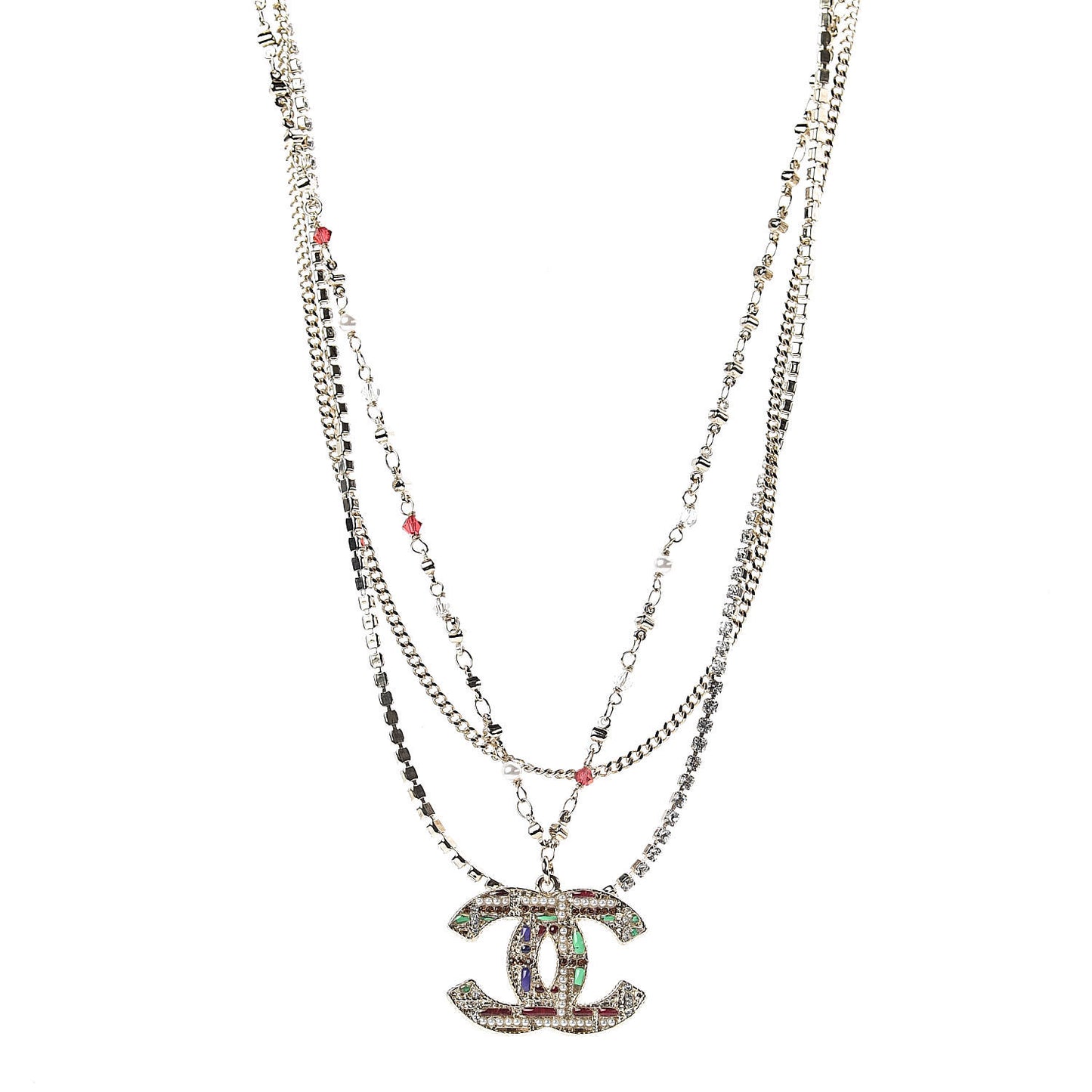 Crystal Pearl Tweed Effect Multi Strand CC Short Necklace Gold Red Green