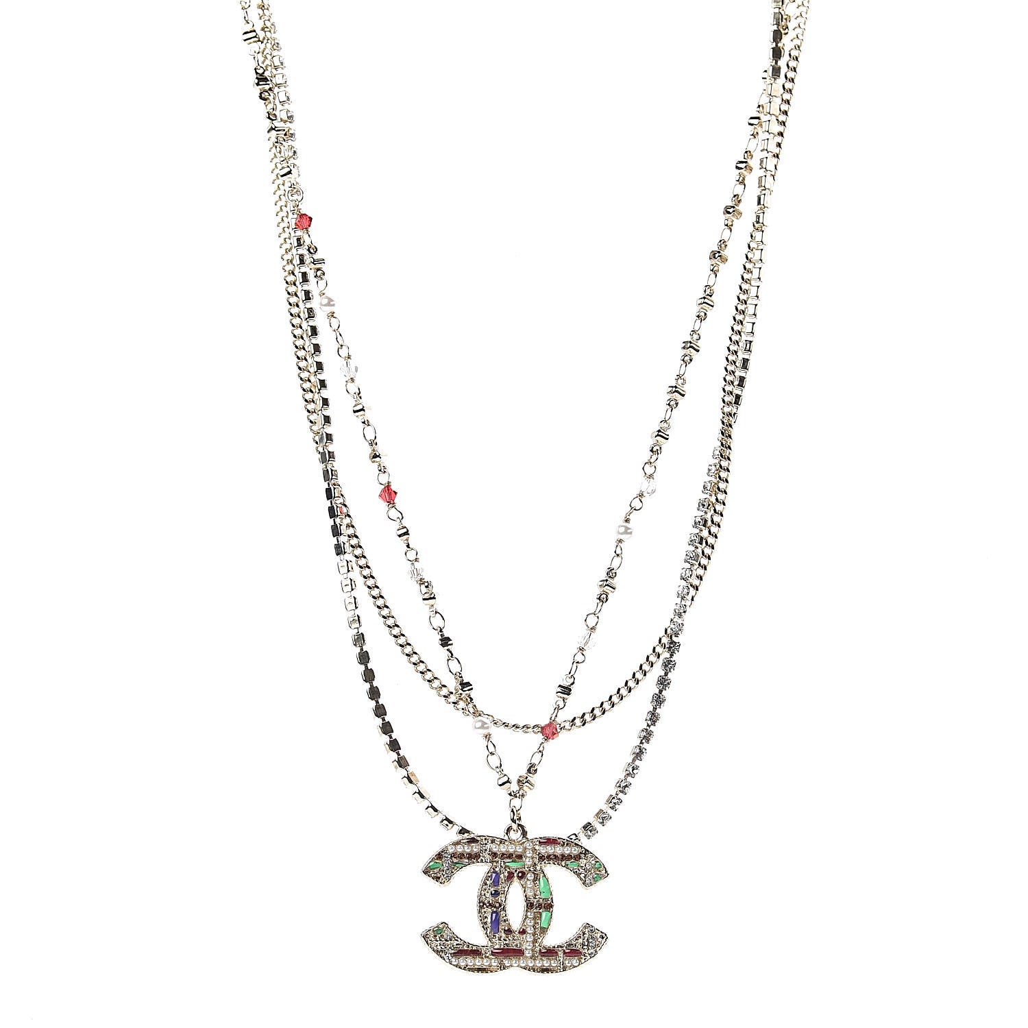 Chanel Crystal Pearl Tweed Effect Multi Strand CC Short Necklace Gold Red Green 1 of 5