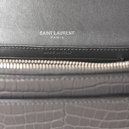 Saint Laurent Calfskin Crocodile Embossed Monogram Sunset Chain Wallet Asphalt 6 of 12