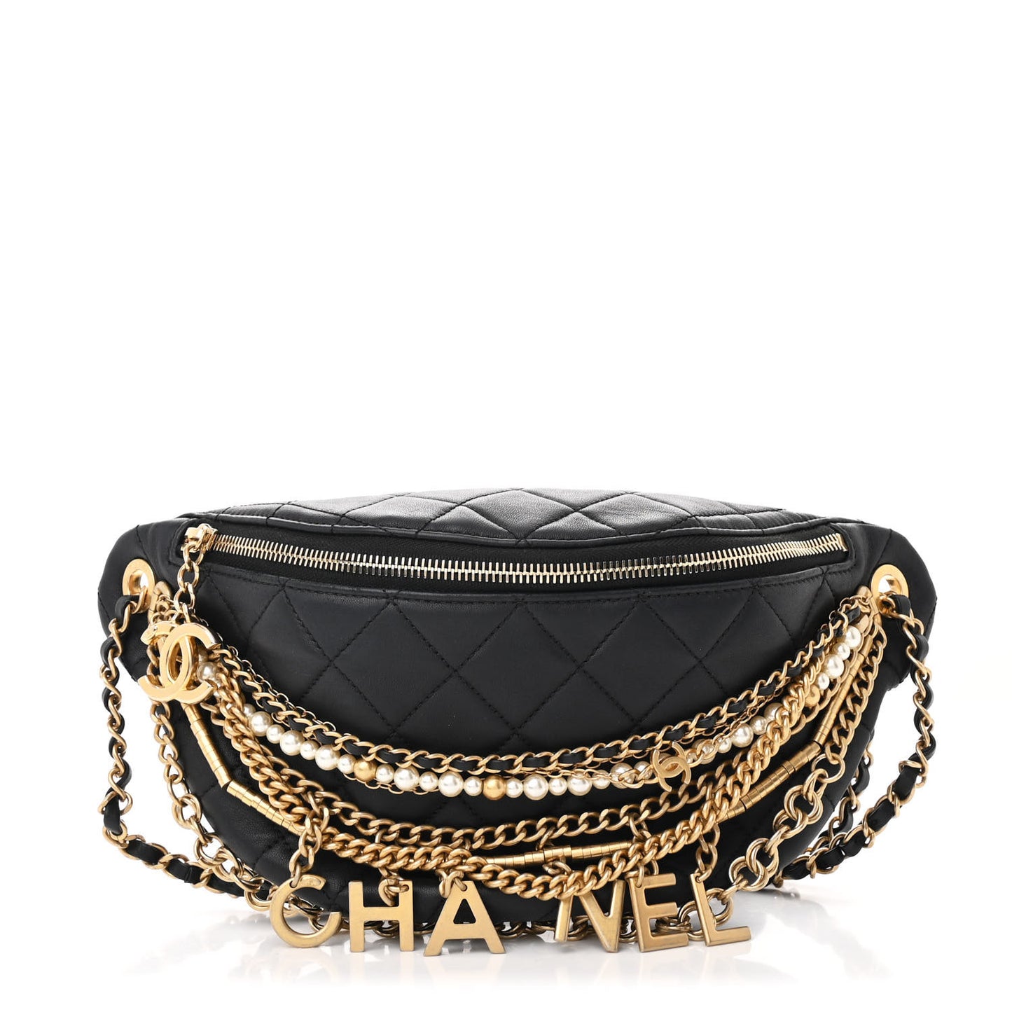 Lambskin Quilted All About Chains Waist Belt Bag Black