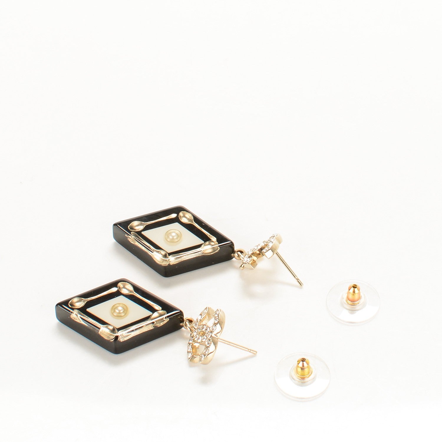 Chanel Crystal Resin Spoon Brasserie CC Drop Earrings Black White 4 of 5