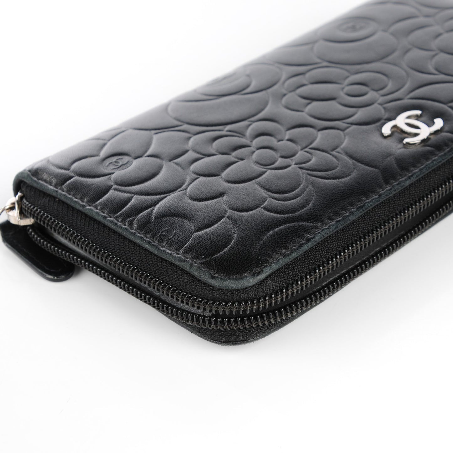 Lambskin Camellia Embossed Large Zip Around Gusset Wallet Black