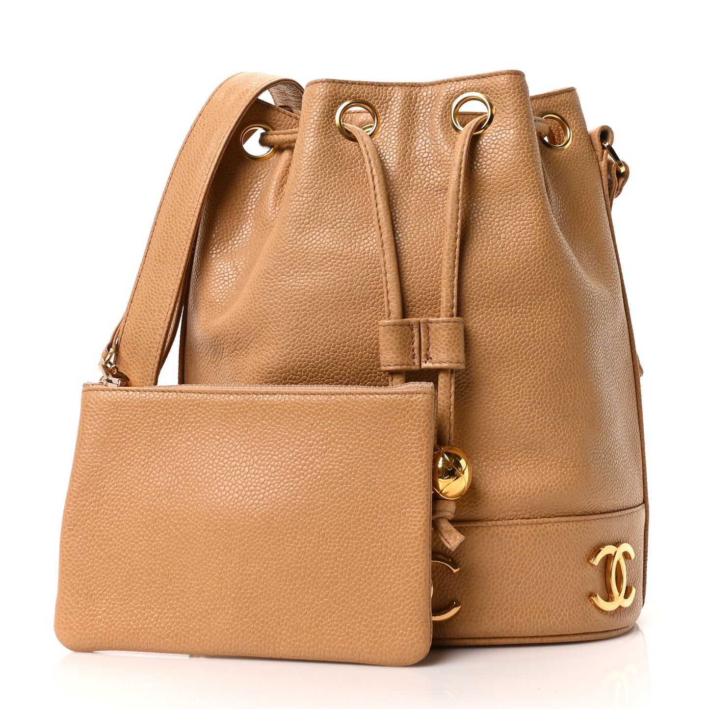 Caviar CC Drawstring Shoulder Bag Beige