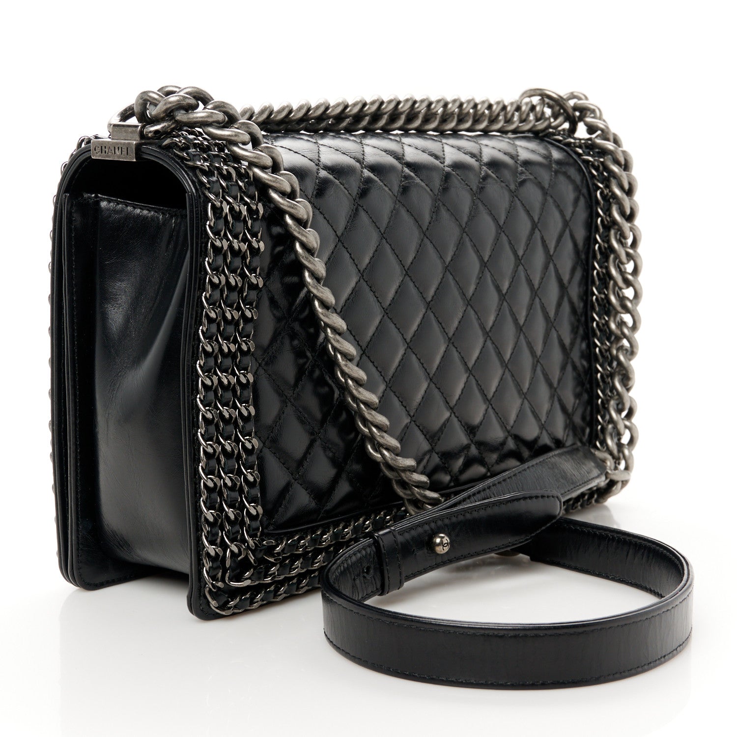 Chanel Glazed Calfskin Quilted New Medium Boy Chained Flap Black 3 of 10