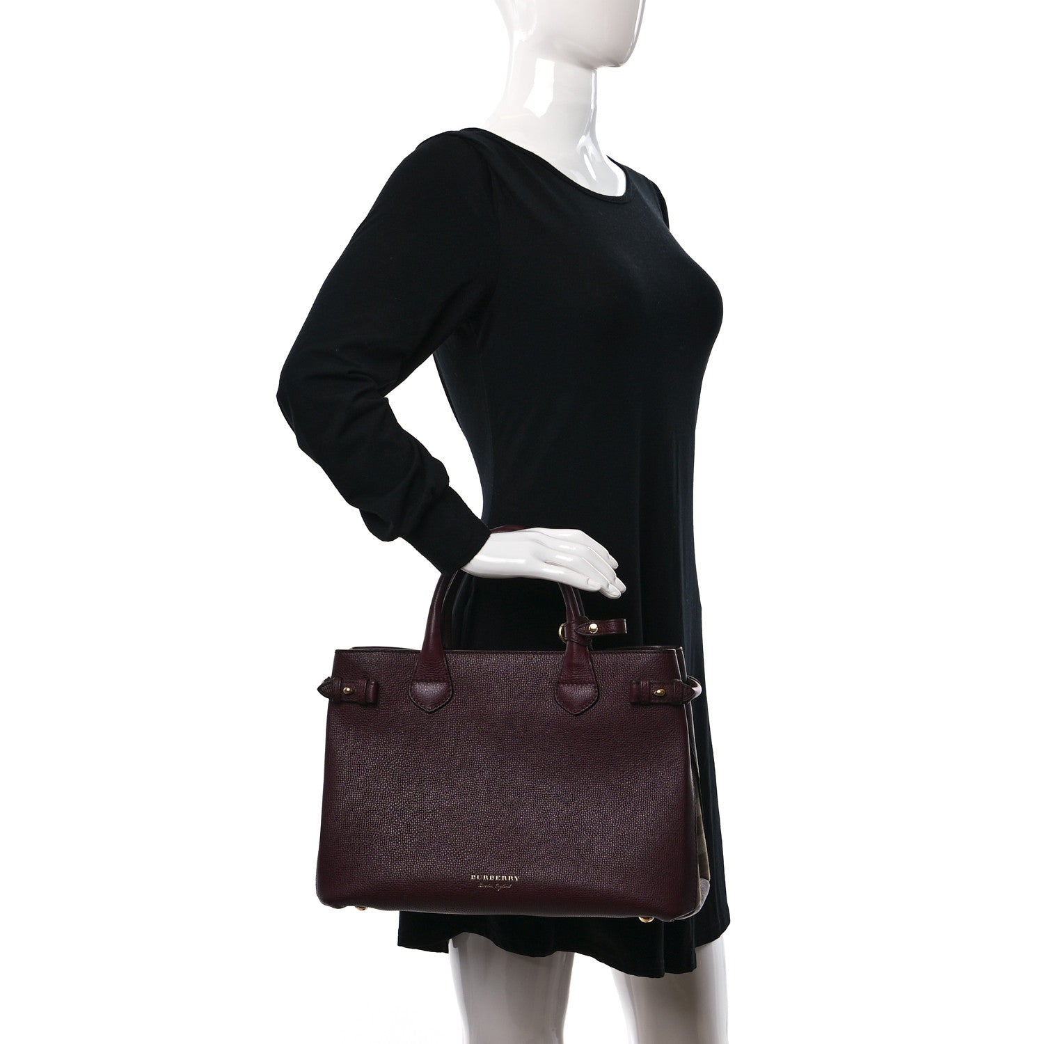 Burberry Grainy Calfskin House Check Medium Banner Tote Mahogany Red 2 of 12