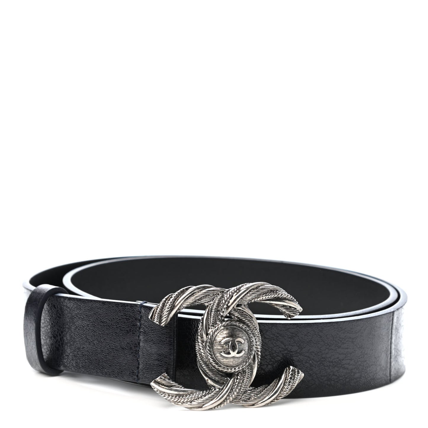 Glazed Calfskin CC Belt 80 32 Navy Blue