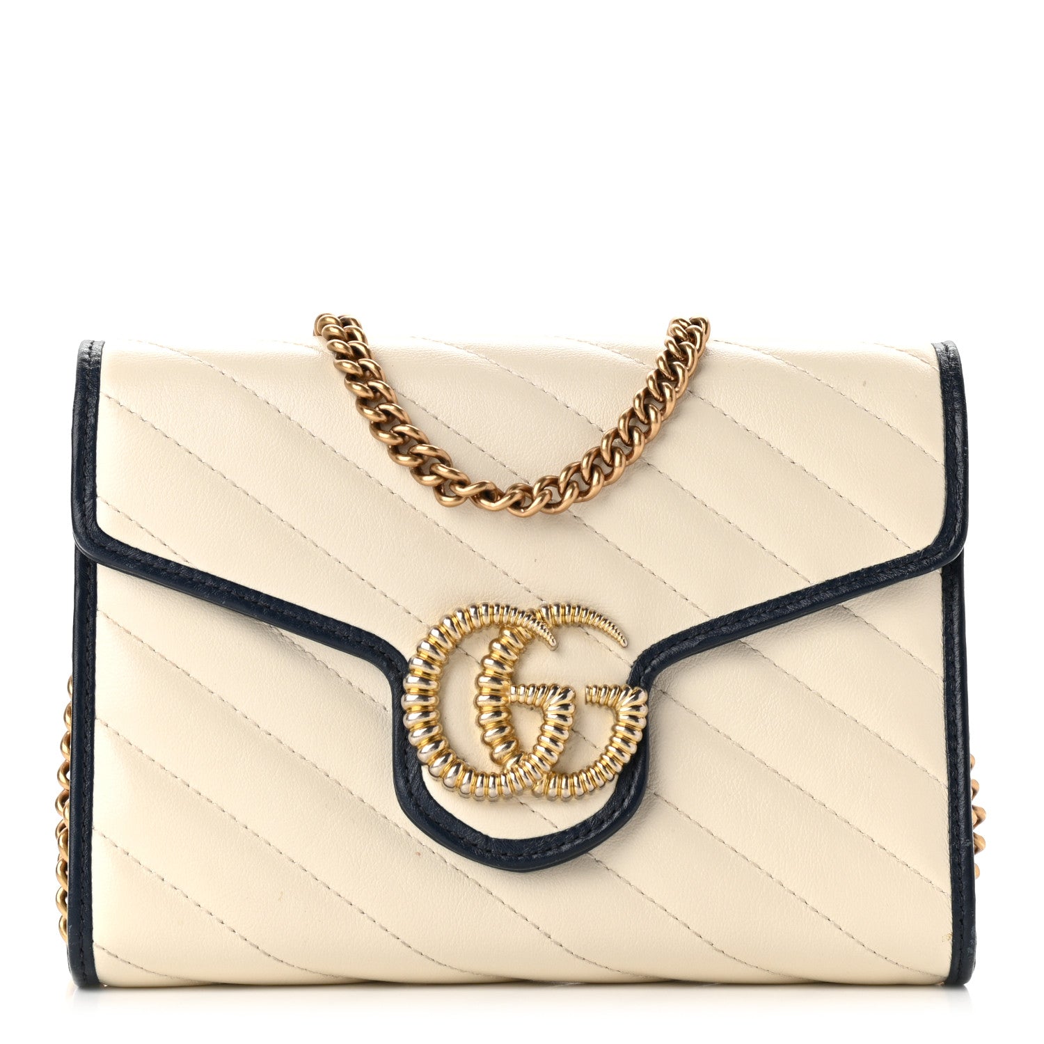 Gucci Vintage Effect Calfskin Matelasse Diagonal Torchon GG Marmont Chain Wallet Mystic White Blue Agata 1 of 10