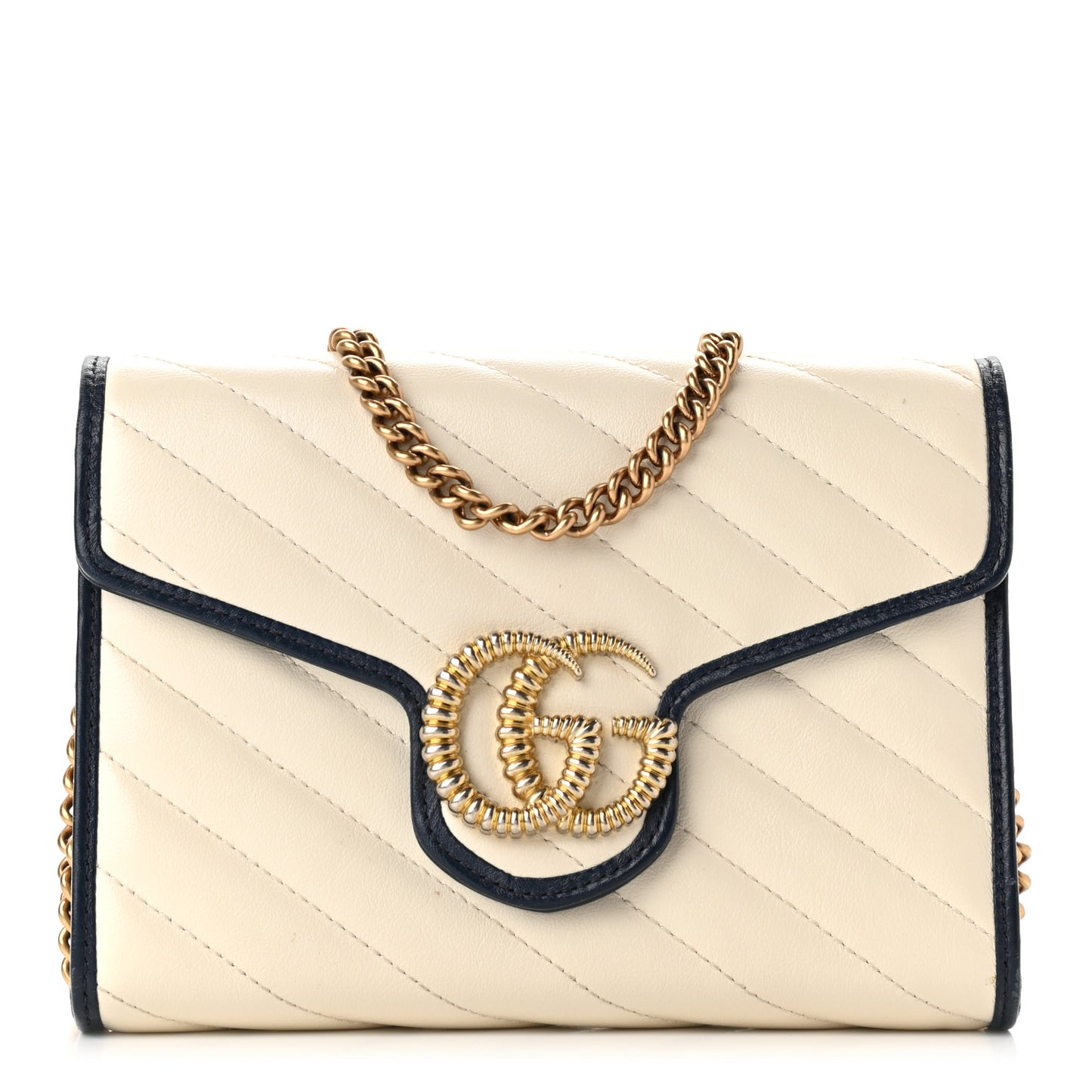 Vintage Effect Calfskin Matelasse Diagonal Torchon GG Marmont Chain Wallet Mystic White Blue Agata