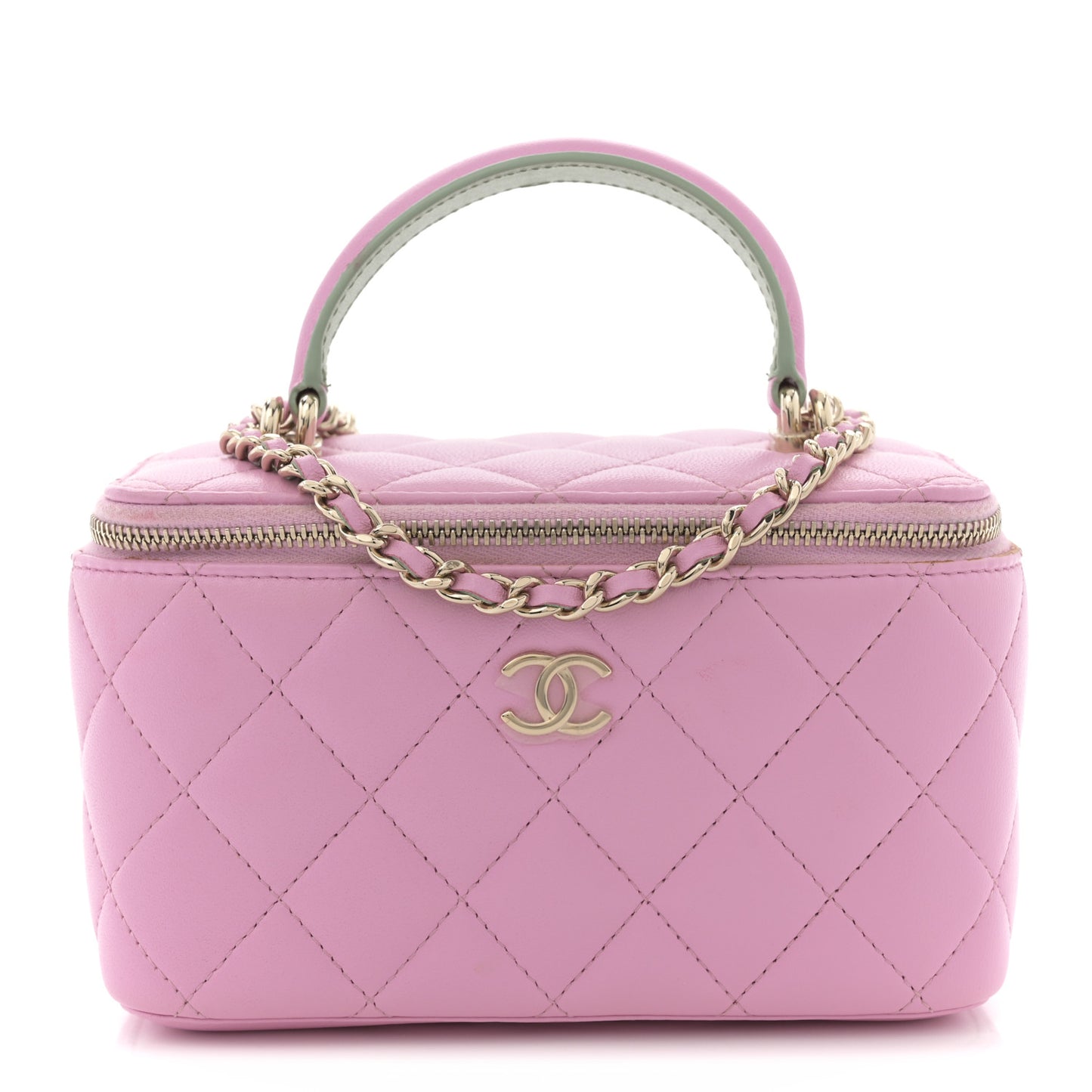 Lambskin Quilted Small Top Handle Vanity Case With Chain Lilac Light Green