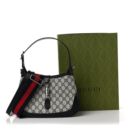 Gucci GG Supreme Monogram Textured Dollar Calfskin Web Small Jackie 1961 Hobo Beige Blue 10 of 10