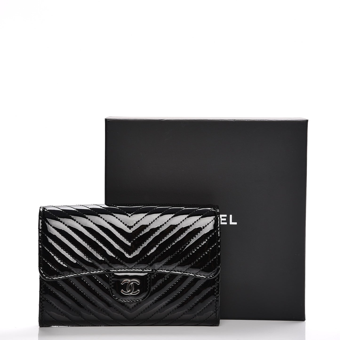 Patent Chevron Quilted Small Flap Wallet Black