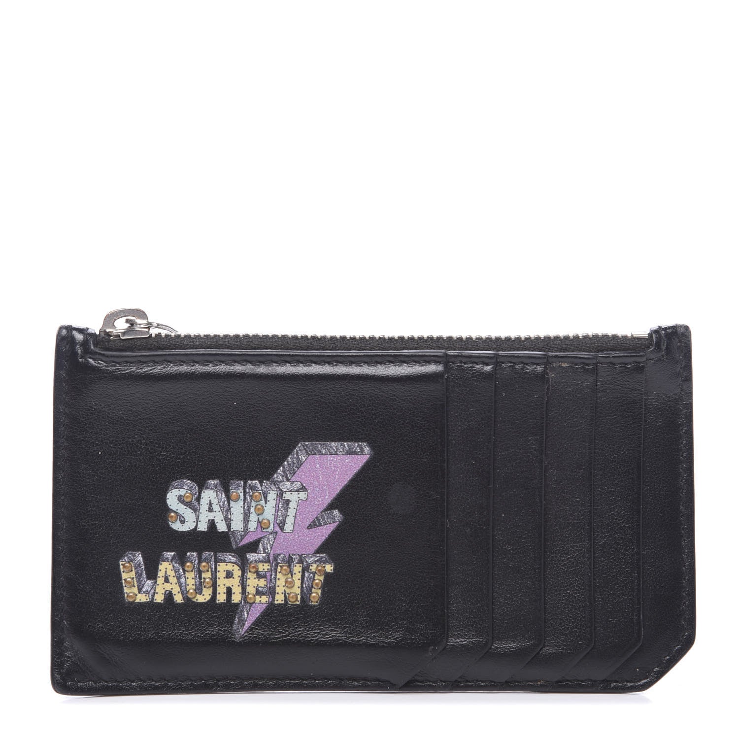 Saint Laurent Calfskin Eclair Fragments Studded Zip Pouch Card Holder Black 1 of 7