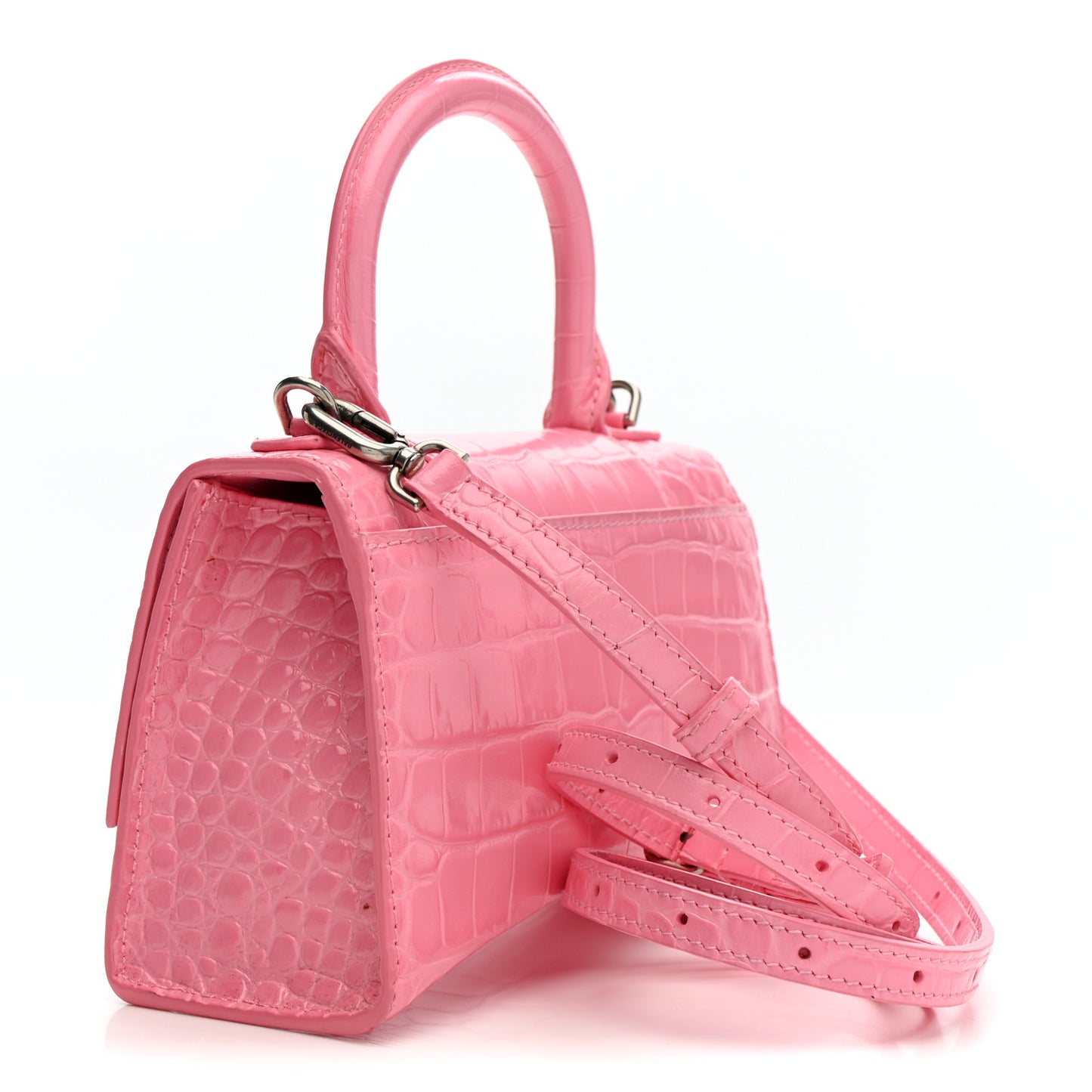 Shiny Calfskin Crocodile Embossed Hourglass Top Handle Bag XS Sweet Pink