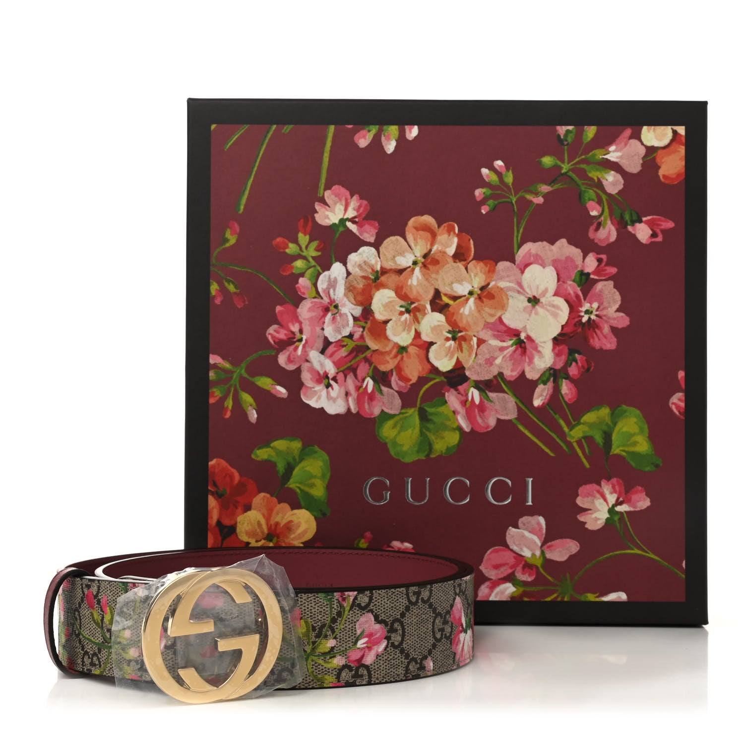 Gucci GG Supreme Monogram Blooms Moon Calfskin Interlocking G 37mm Belt 95 38 Beige Ebony Multicolor Dry Rose 6 of 6