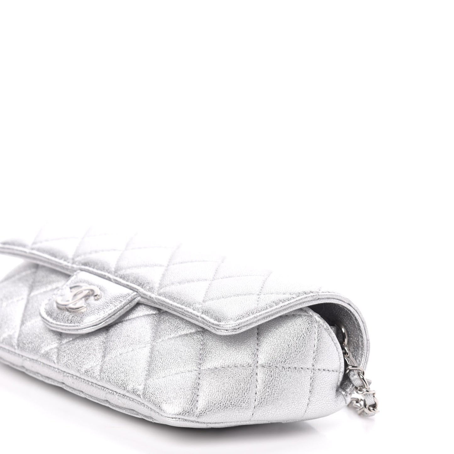 Metallic Lambskin Quilted Glasses Case With Chain Silver