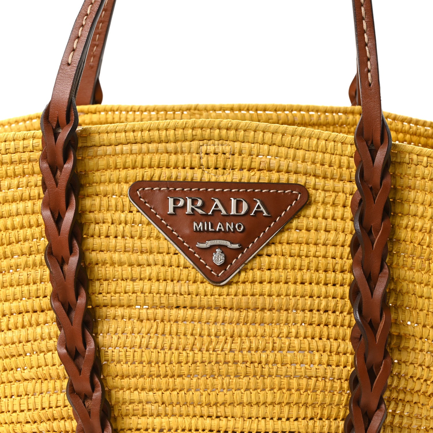 Prada Paglia Vitello Woven Braided Basket Tote Yellow Cognac 7 of 9