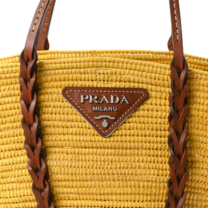 Prada Paglia Vitello Woven Braided Basket Tote Yellow Cognac 7 of 9