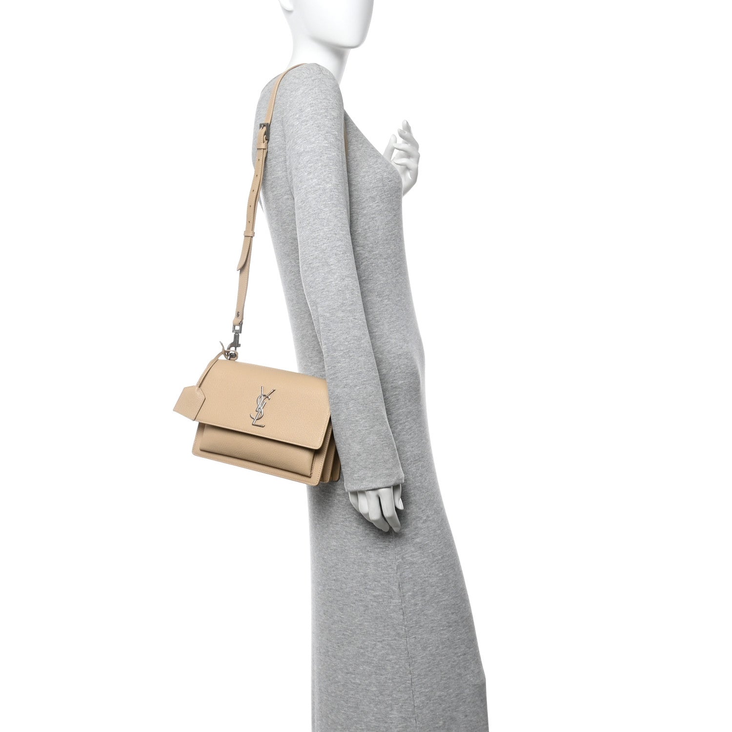 Saint Laurent Grained Calfskin Medium Monogram Sunset Satchel Nude Powder 2 of 13