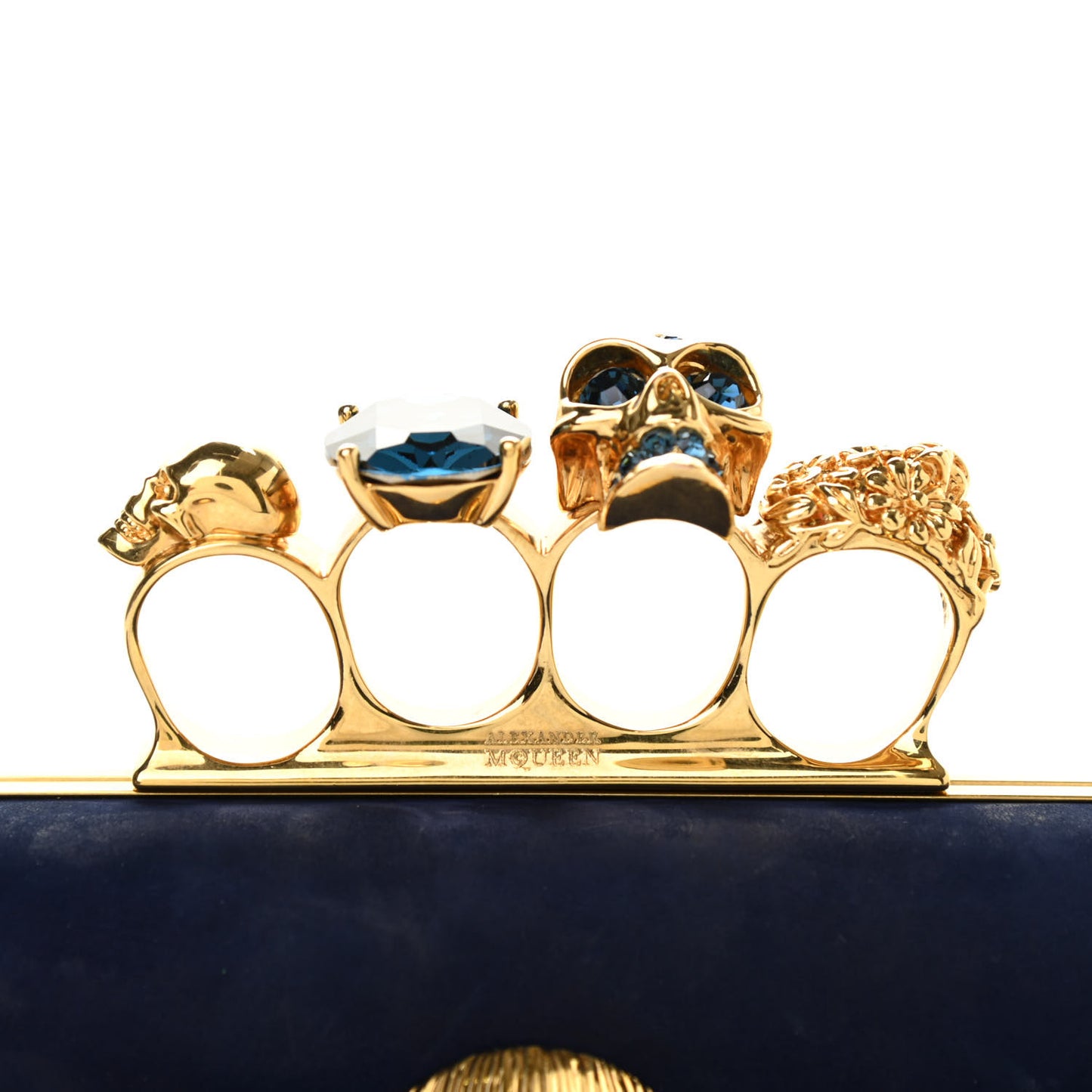 Suede Studded Skull Knuckle Box Clutch Navy