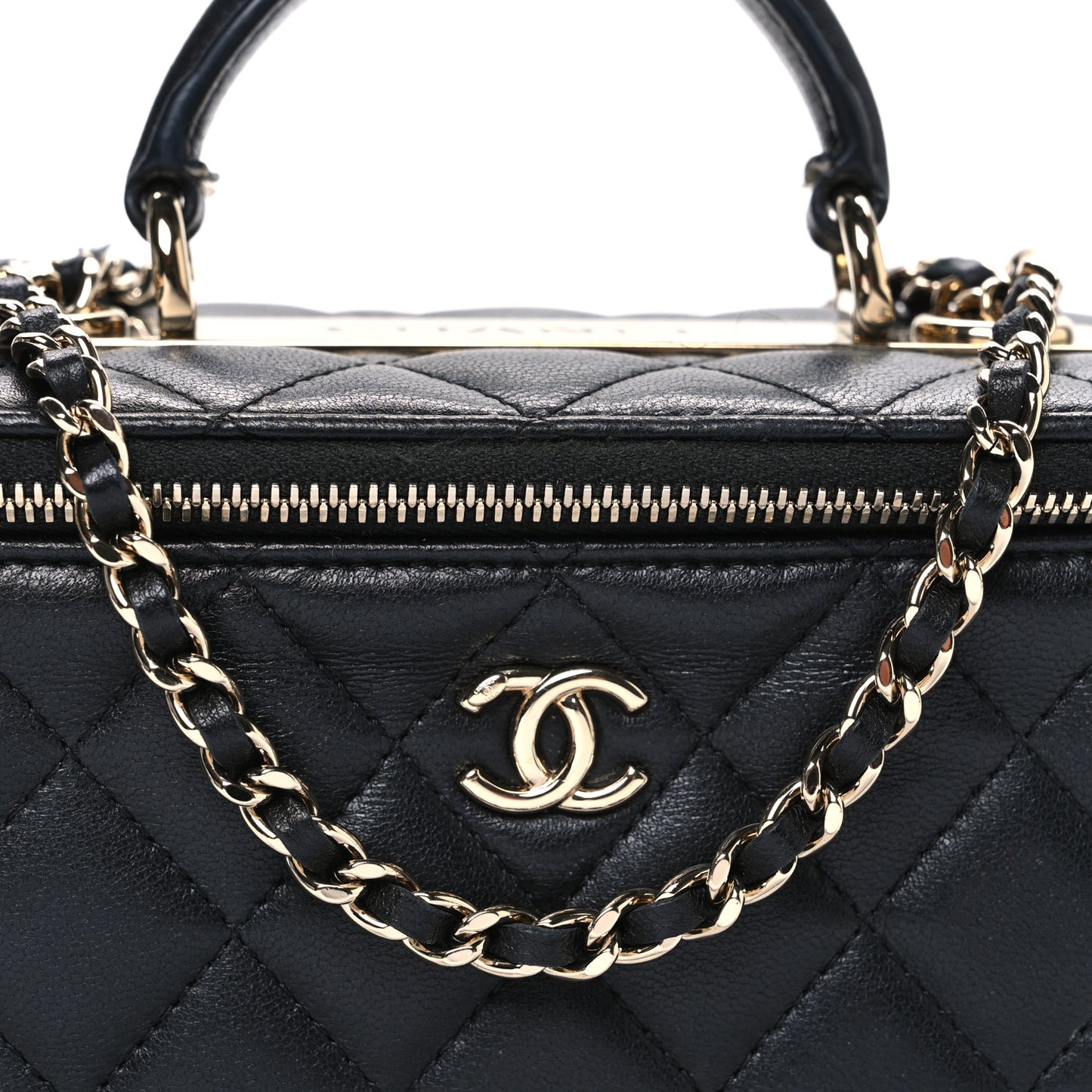Lambskin Quilted Trendy Small Top Handle Vanity Case With Chain Black