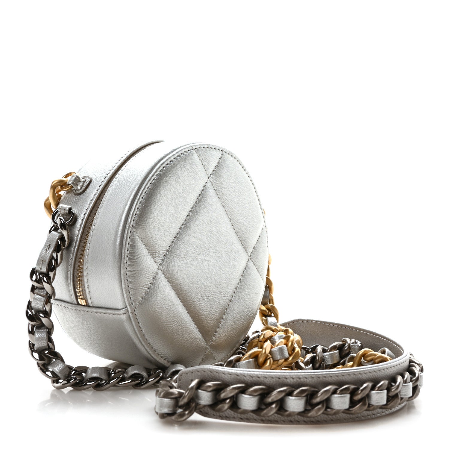 Chanel Metallic Lambskin Quilted Chanel 19 Round Clutch With Chain Silver 3 of 11