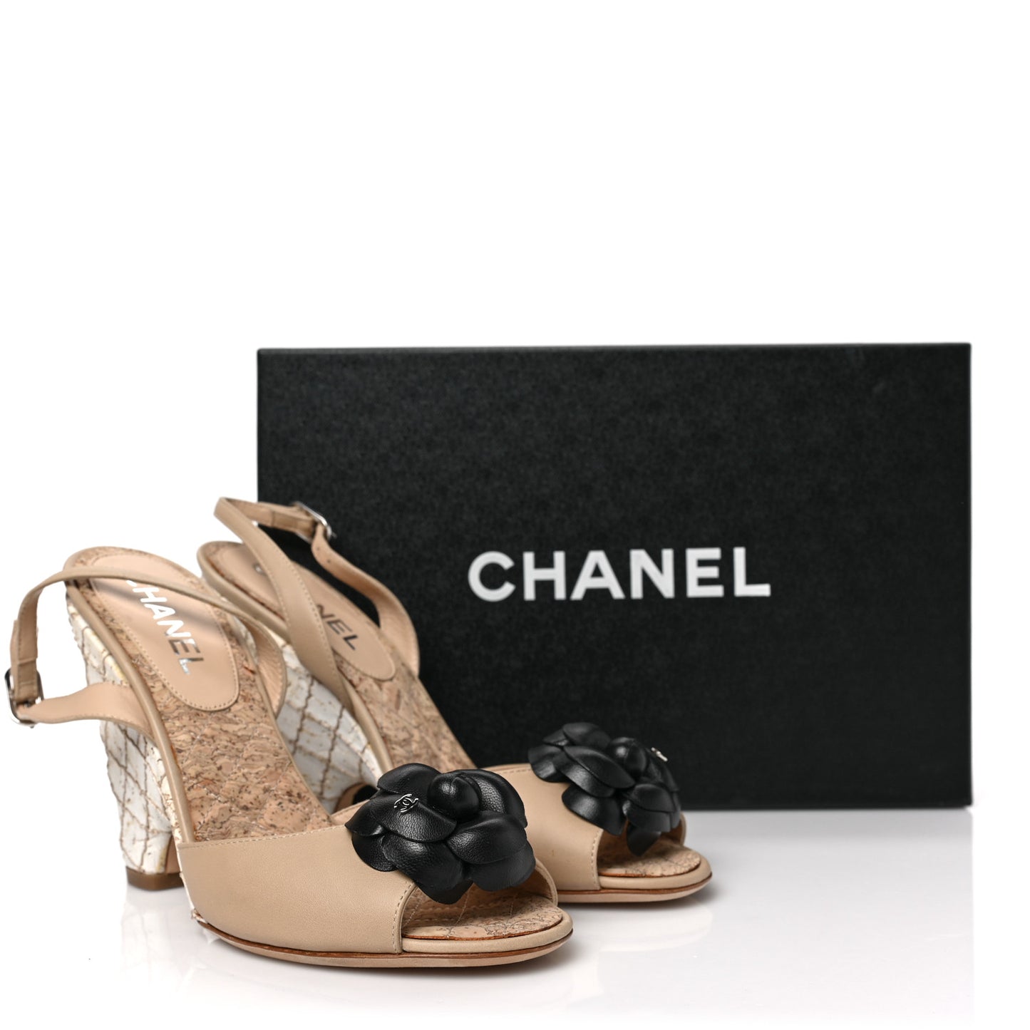 Lambskin Slingback Camellia Wedge Sandals 38.5 Beige Black