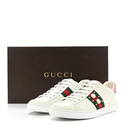 Gucci Calfskin Web Pearl Studded Womens Ace Sneakers 37.5 White 14 of 14