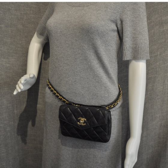 Lambskin Flap Waist Belt Bag Black 85 34