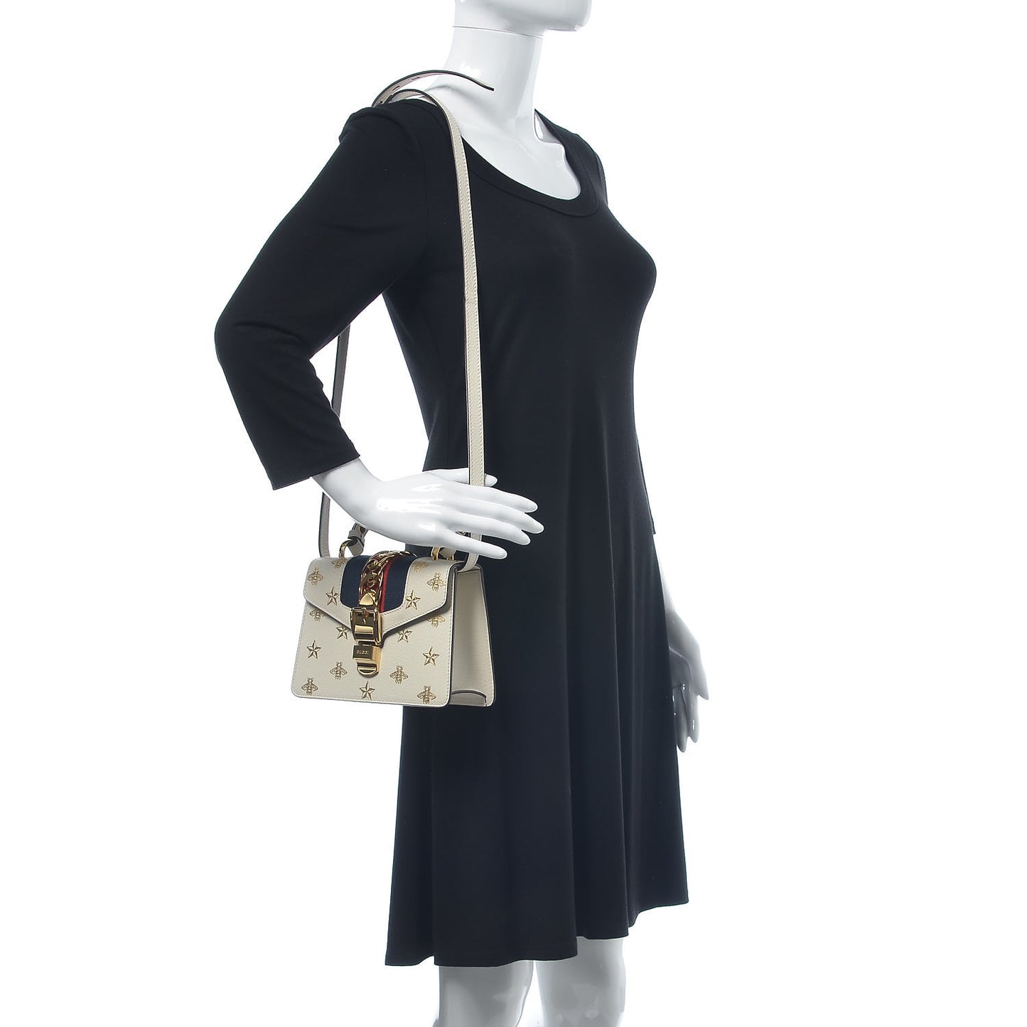 Textured Calfskin Bee Star Print Mini Sylvie Top Handle Bag Mystic White