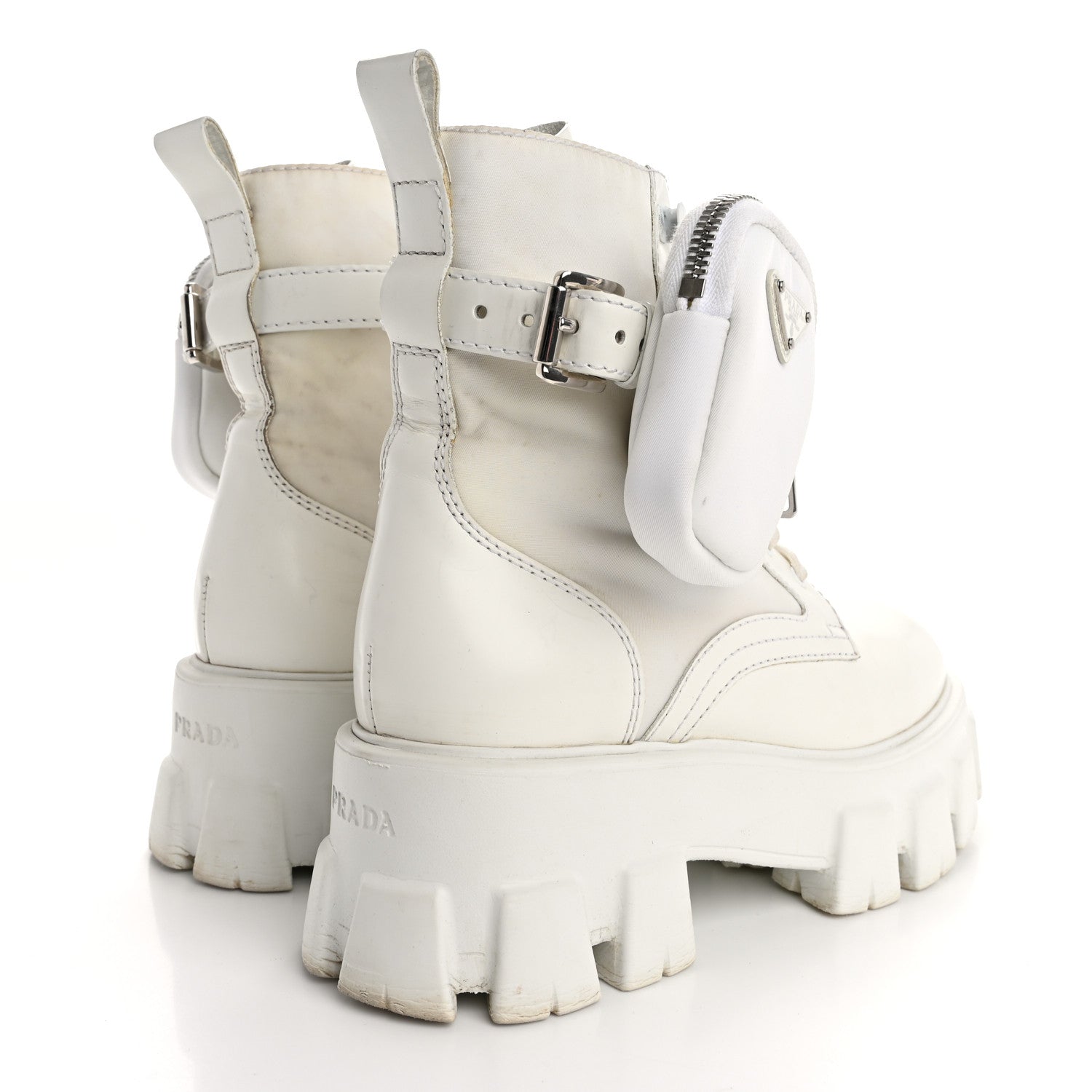 Prada Spazzolato Rois Re-Nylon Metal Triangle Logo Monolith Pouch Pocket 55mm Boots 36 White 4 of 14
