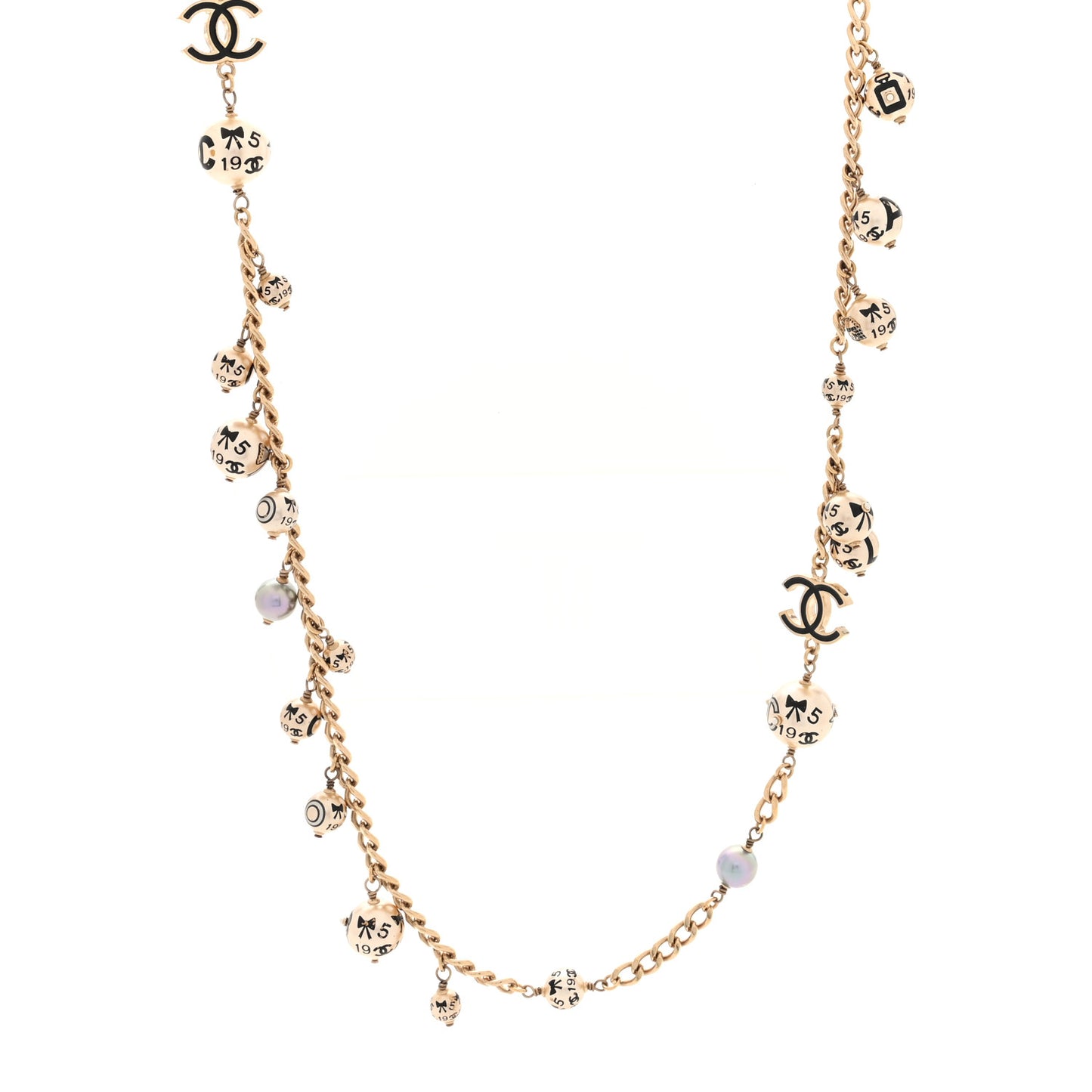 Enamel Pearl CC Camellia Long Necklace Gold Black