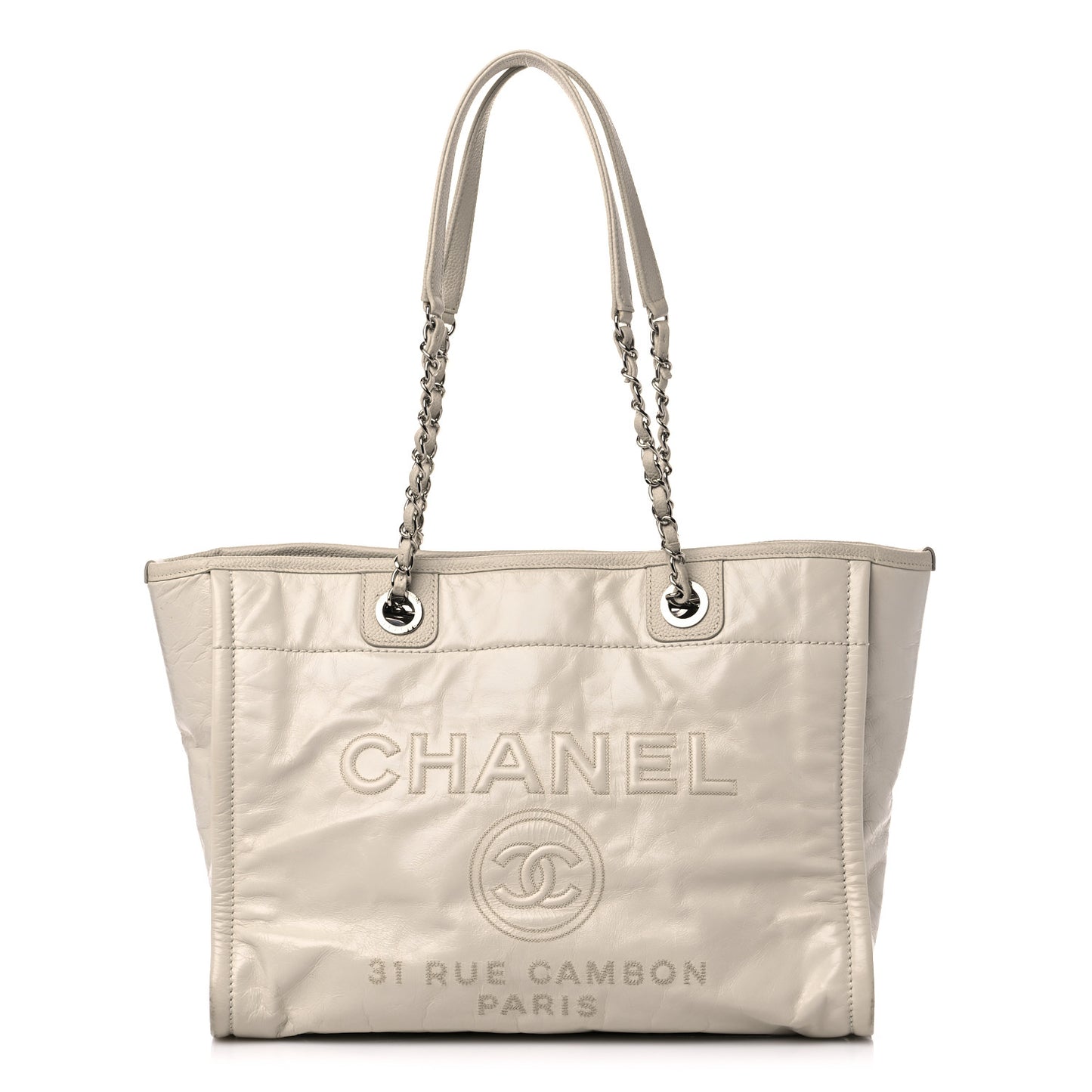 Glazed Calfskin Small Deauville Tote Ecru