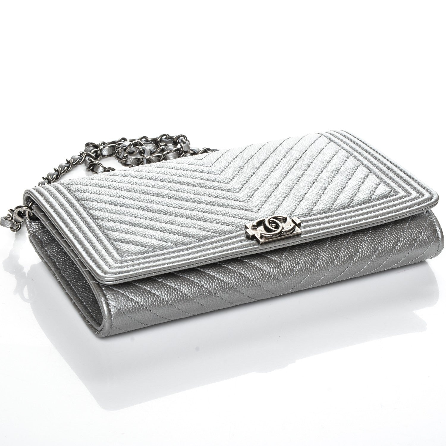 Chanel Metallic Caviar Chevron Quilted Boy Wallet On Removable Chain WOC Silver 4 of 9