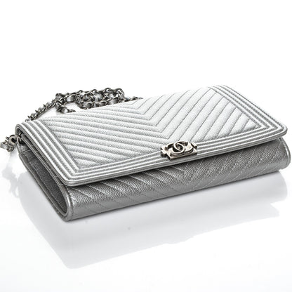 Chanel Metallic Caviar Chevron Quilted Boy Wallet On Removable Chain WOC Silver 4 of 9