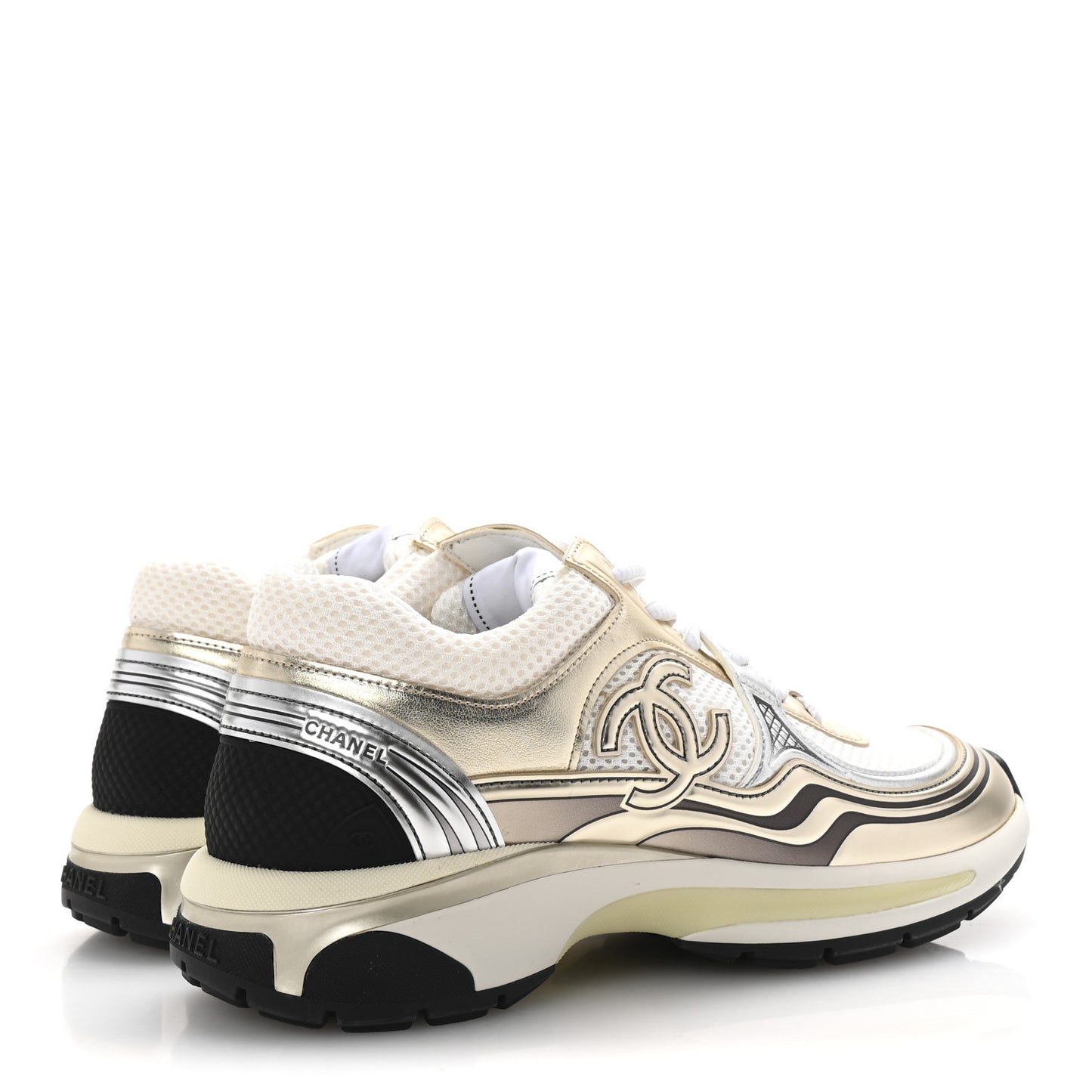 Fabric Laminated Calfskin Stretch CC Womens Sneakers 38.5 White Gold Silver